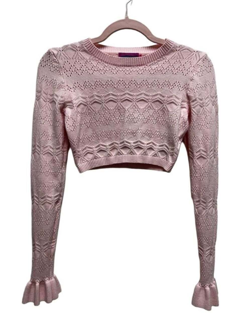 Edikted Pink Cropped Knit Sweater with Ruffled Cuffs